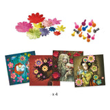 Set of four artistic greeting cards with floral designs, surrounded by additional floral decorations and small figurines on a white background.
