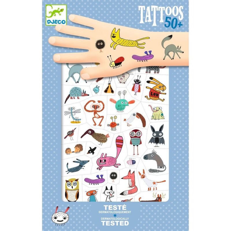 Packaging of temporary tattoos with cartoon animals on a blue background, featuring the Djeco brand.