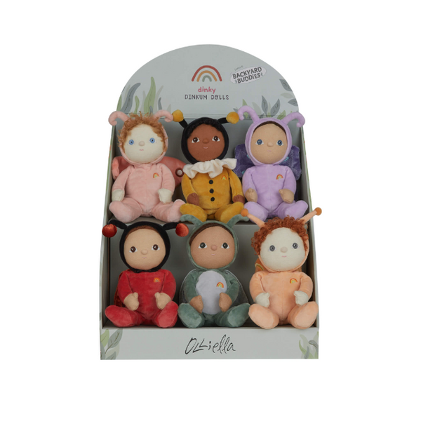 Display box of 6 Backyard Buddies -Dinky Dinkum dolls - pink moth, yellow bumblebee, purple butterfly , red ladybug, green grasshopper and orange snail