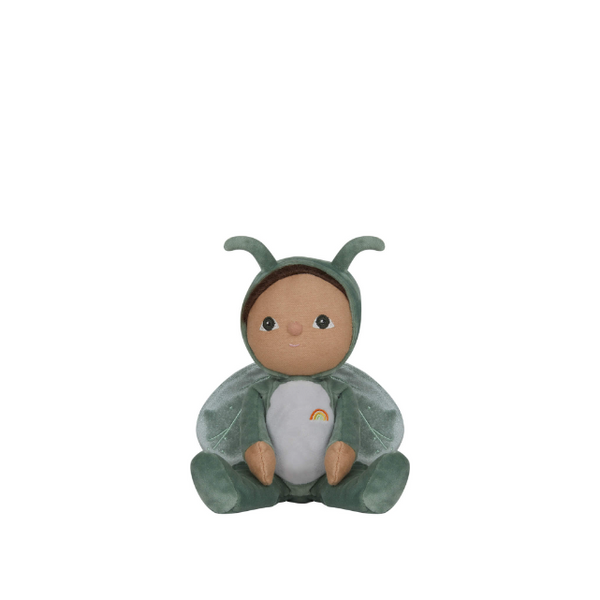 Green grasshopper dinky dinkum doll with green wings and antenna on hood