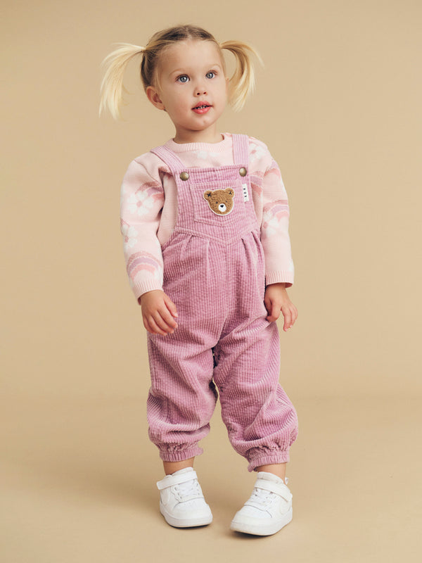 Child wearing the HUXBABY Orchid Cord Overalls