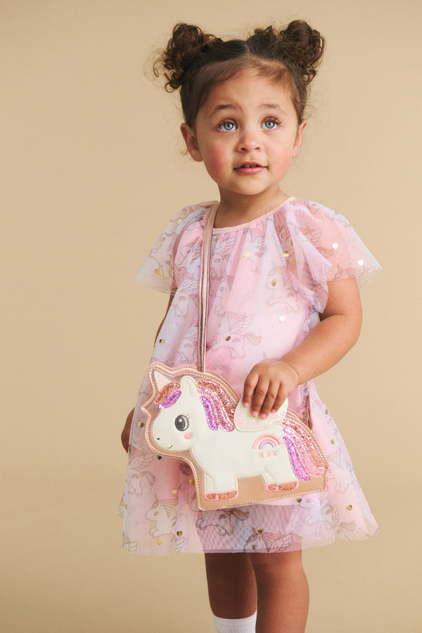 Child wearing HUXBABY Glitter Unicorn Handbag