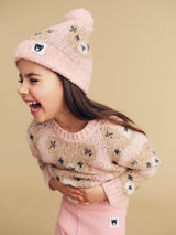 Child wearing the HUXBABY Rosebud Huxbear Knit Beanie and matching knit jumper