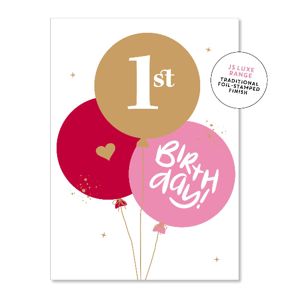 Card with balloons and '1st Birthday!' text on a white background