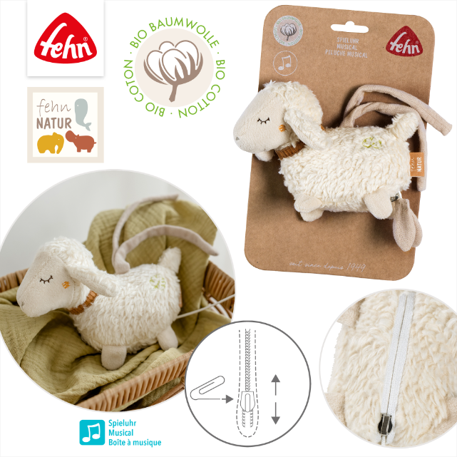 Plush toy sheep with packaging and additional views on a white background