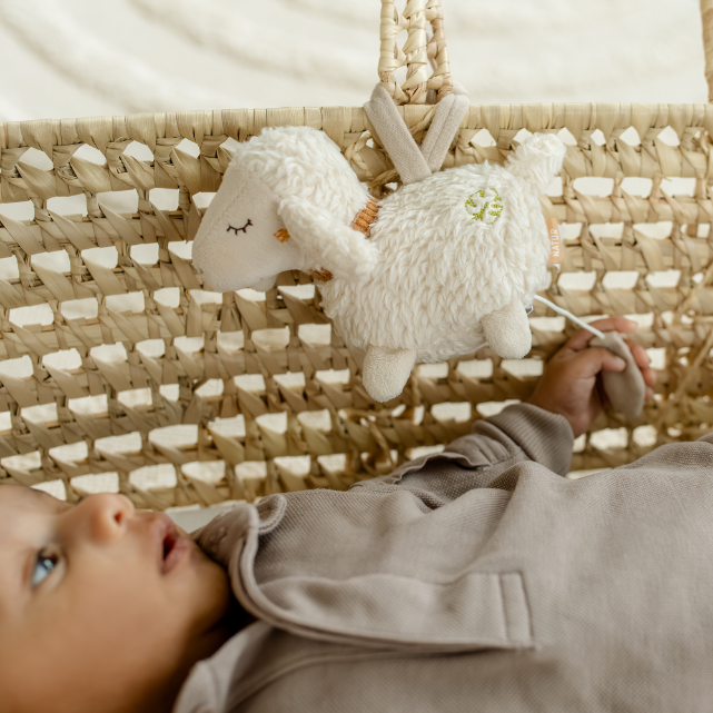 Baby lying in a crib with a plush toy sheep hanging above