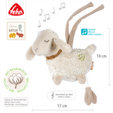 White plush toy sheep with brown accents on a white background, featuring the Fehn brand.