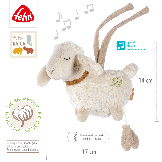 White plush toy sheep with brown accents on a white background, featuring the Fehn brand.