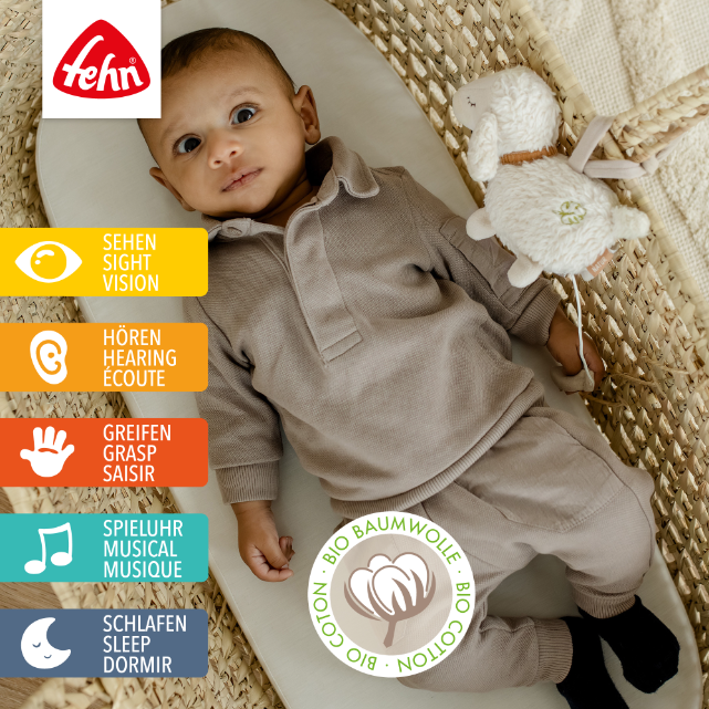 Baby in a crib with a toy, surrounded by text and logos related to baby development stages and materials.