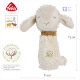 Plush toy sheep with organic cotton label and fehn branding on a white background