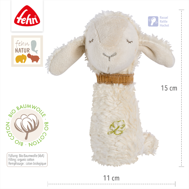 Plush toy sheep with organic cotton label and fehn branding on a white background