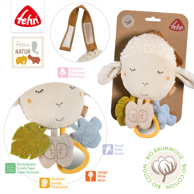 Fehn sheep rattle toy with packaging and additional features displayed.