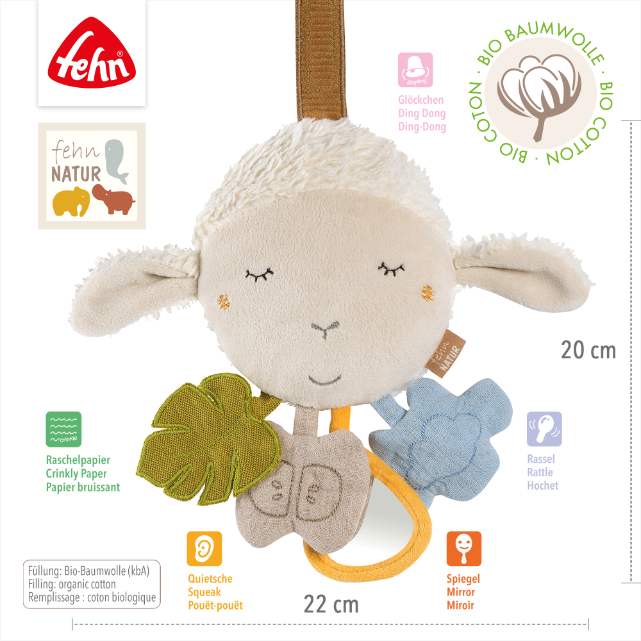 Children's toy sheep with crinkly paper, mirror, and rattle on a white background