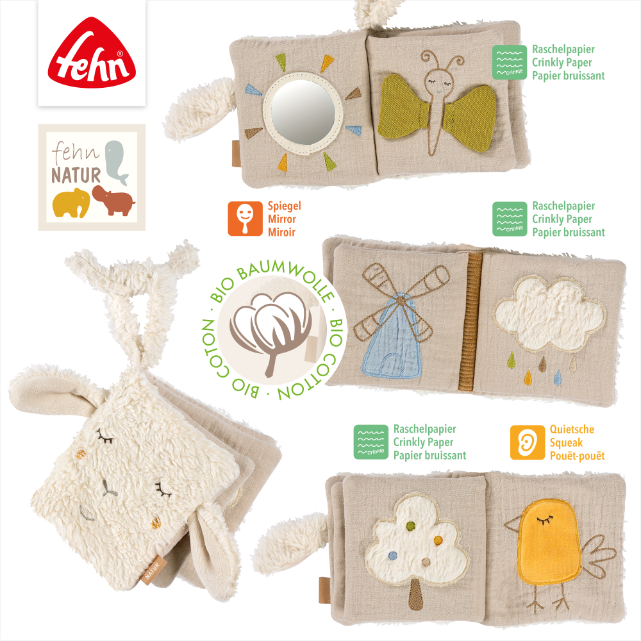 Fehn childrens cloth book including a mirror and crinkle paper on a white background.