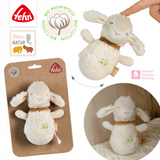Plush lamb toy with packaging, brand logo, and organic cotton certification on a white background.