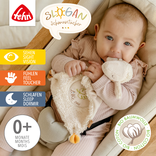 Baby holding a plush toy with Fehn branding and product features displayed.