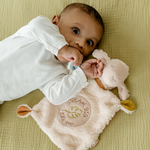 Baby lying on a soft surface with a plush toy