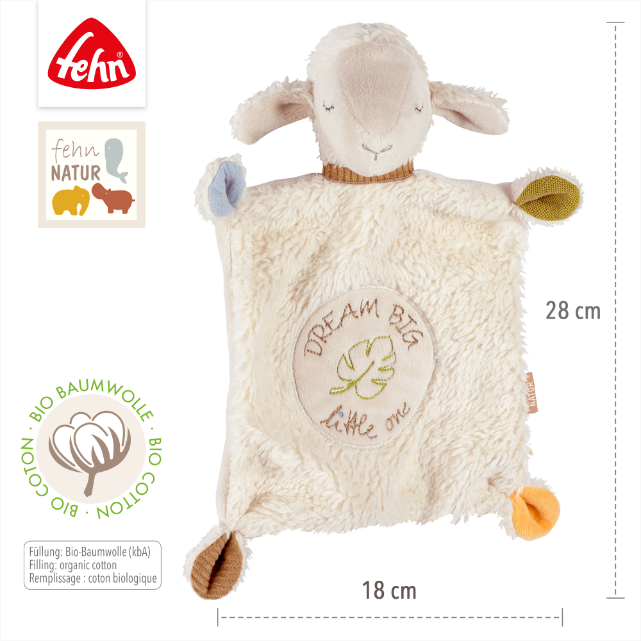 Plush toy sheep with 'Dream Big Little One' text on a white background, featuring the Fehn brand.