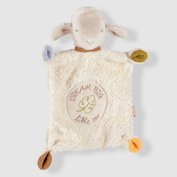 Plush toy with a sheep design and text on a white background