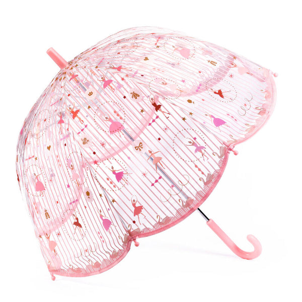 Transparent umbrella with pink handle and decorative ballerina patterns on a white background
