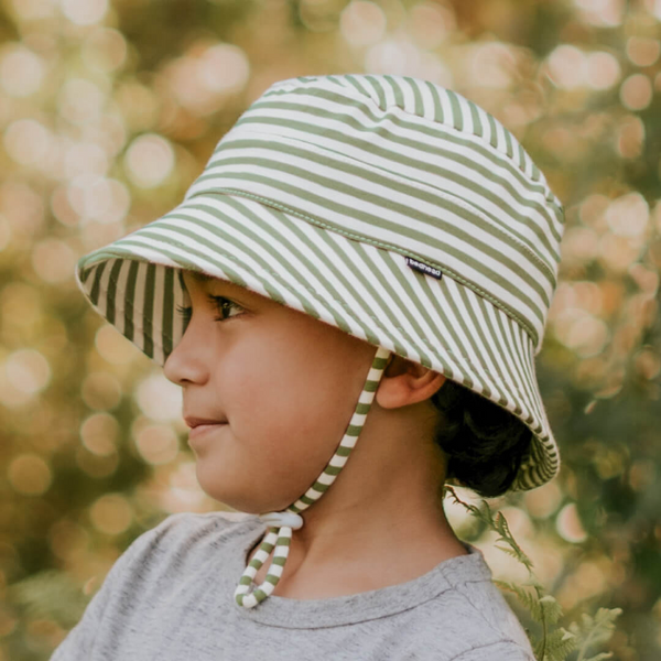 Side view of child wearing BEDHEAD HATS Kids Classic Bucket Sun Hat - Khaki Stripe
