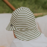 Back view of baby wearing BEDHEAD HATS Legionnaire Flap Sun Hat - Khaki Stripe