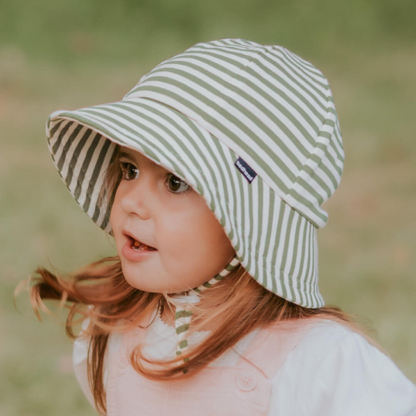 Toddler wearing BEDHEAD HATS Toddler Bucket Sun Hat - Khaki Stripe - side view