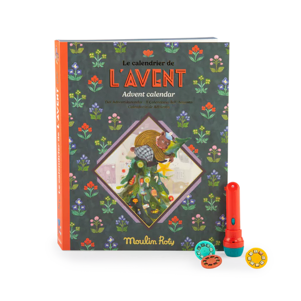 Advent calendar with a Christmas-themed design and torch projector and discs