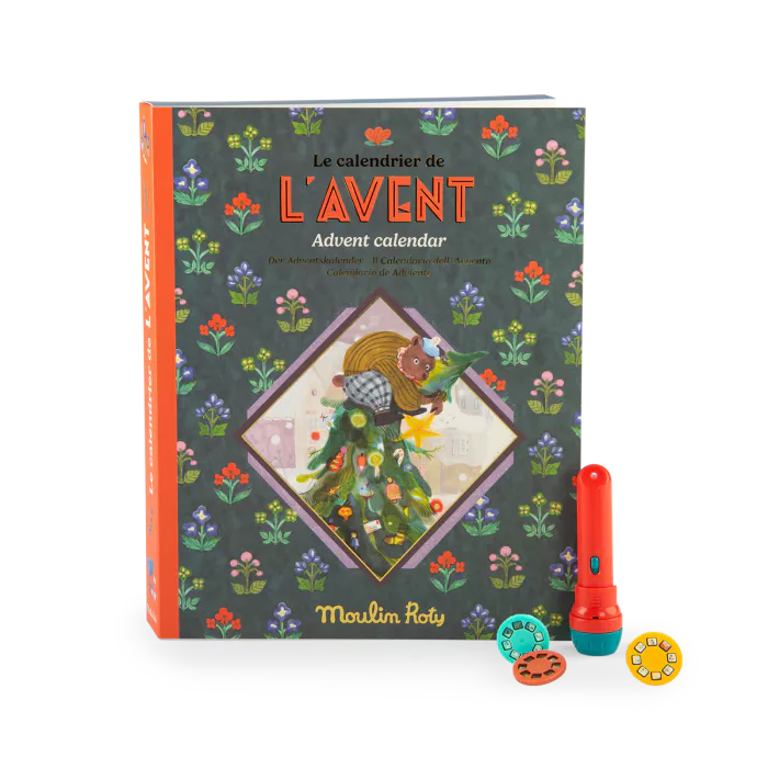 Advent calendar with a Christmas-themed design and torch projector and discs