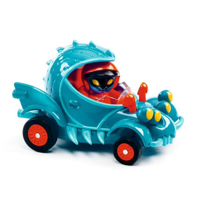 Toy car with a character inside on a white background