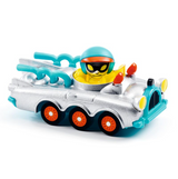 Toy vehicle with a character in a helmet on a white background