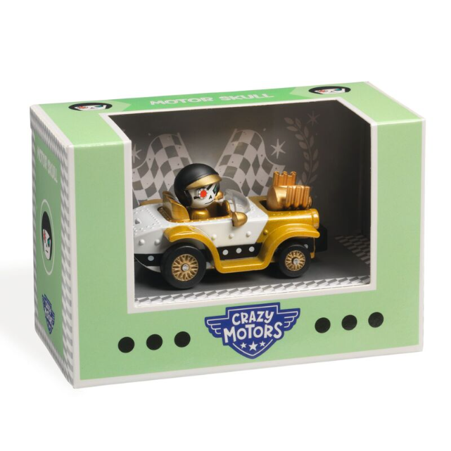 Toy car with a driver figure in a green box labeled 'Crazy Motors'.
