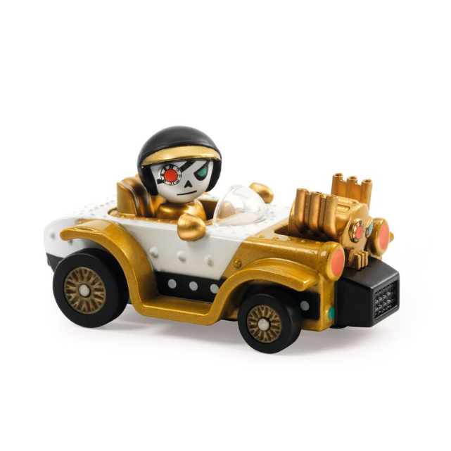 Toy figure in a gold and white vehicle on a white background