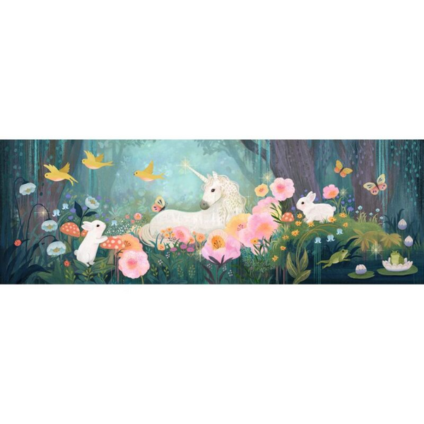 Fantasy scene puzzle with a unicorn, rabbits, and flowers in a forest