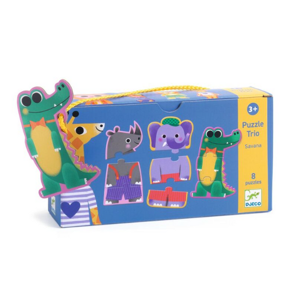 Puzzle Trio packaging with cartoon animals on a white background