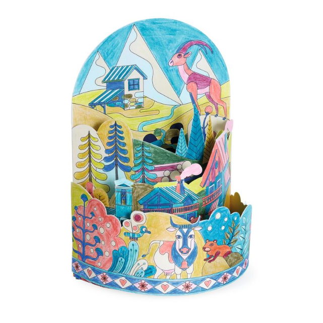 Colorful paper craft with animals and a house on a white background
