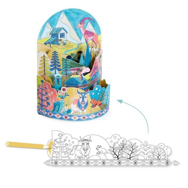 Colourful children's craft with a cylindrical design featuring animals and nature, on a white background.