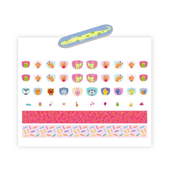 Sheet of colourful stickers with various designs on a white background