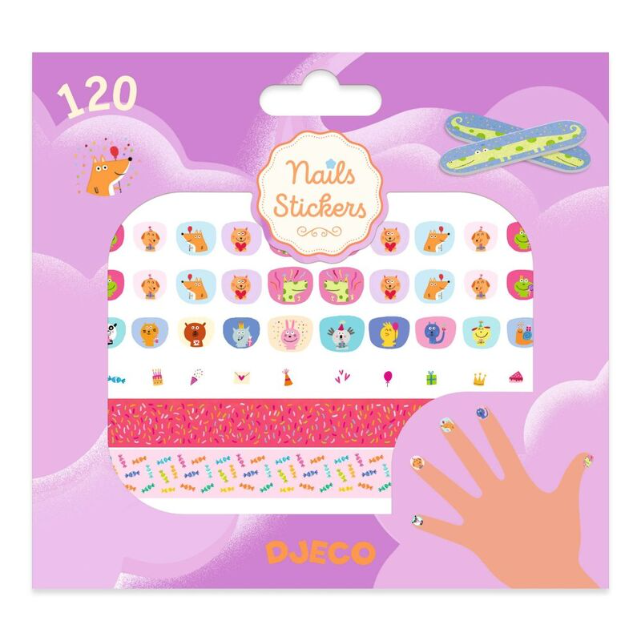 Packaging of DJECO nail stickers with colourful designs on a purple background