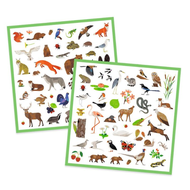 Two sheets of animal stickers with a green border on a white background