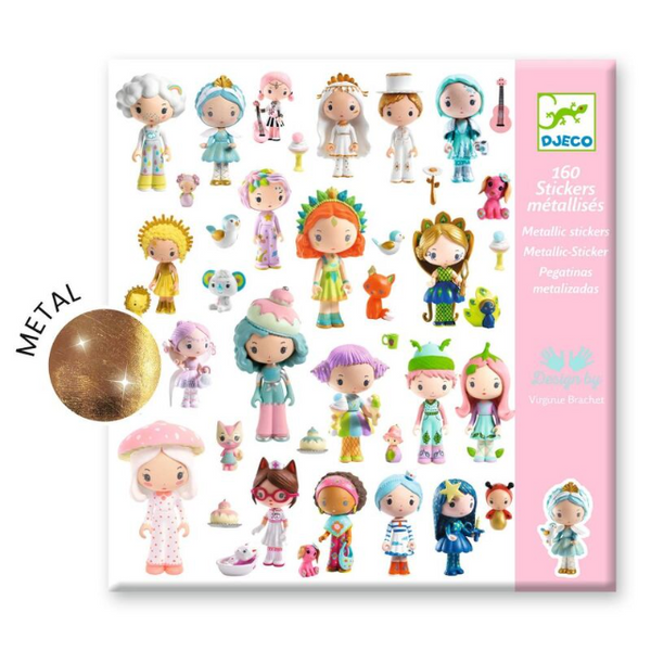 Collection of colorful stickers with a pink packaging box featuring the Djeco brand.