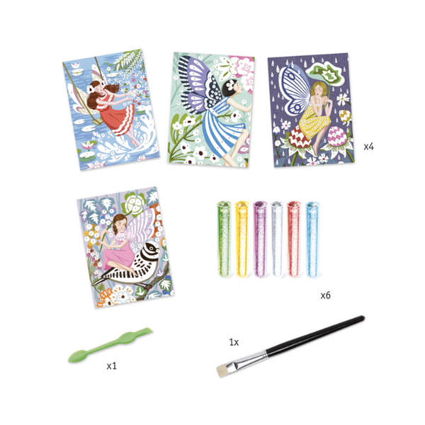 Set of colorful fairy-themed notepads, markers, and a paintbrush on a white background