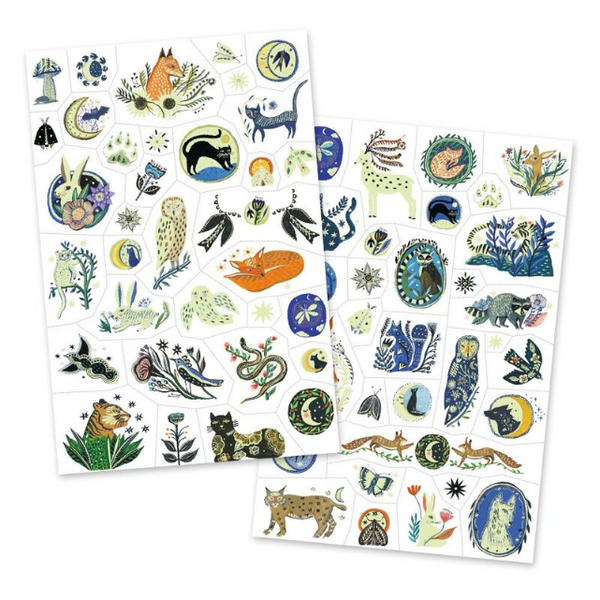 Two sheets of animal-themed stickers on a white background