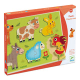 Angle view of DJECO 12 piece Wooden Farm Animal Puzzle boxed