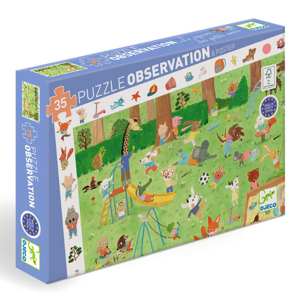 Angle view of boxed DJECO Little Friends Garden 35pc Obervation Puzzle