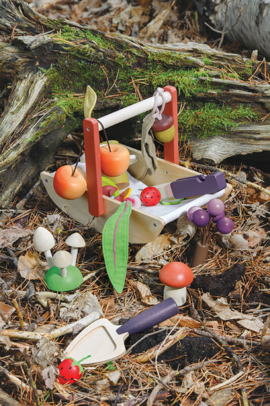 DJECO Wild Wood Foraging Trug (Basket) SITTING IN BARK OUTSIDE