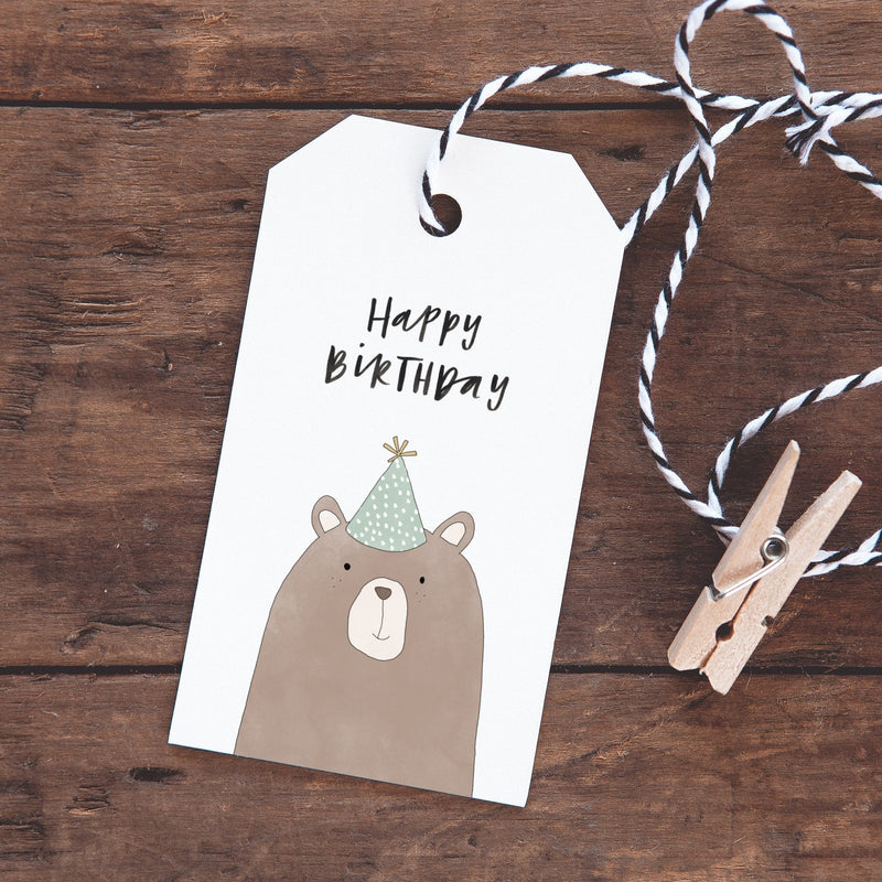 Happy Birthday Bear tag with string and wooden peg