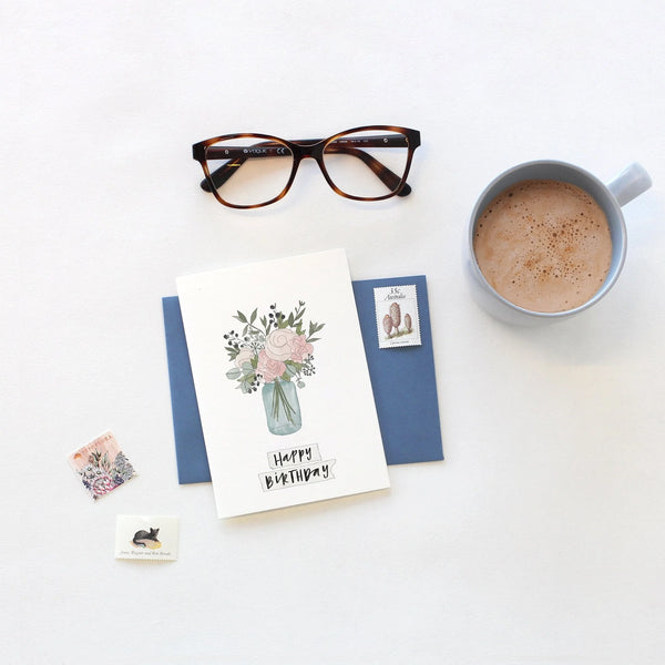 IN THE DAYLIGHT - Jar Of Flowers Greeting Card WITH ENVELOPE, coffee & reading glasses