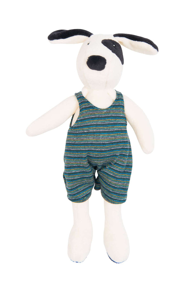 Stuffed animal toy dog with a black and white face wearing green and blue striped overalls on a white background
