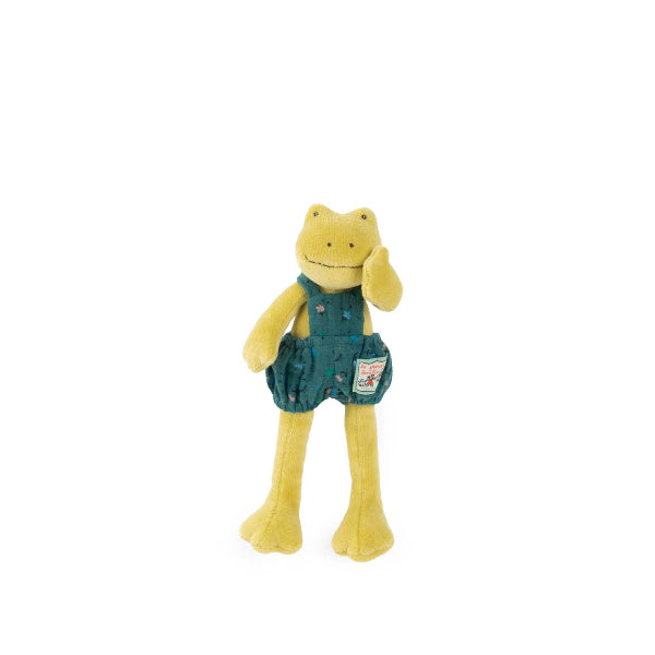 Green velvet toy frog wearing overalls